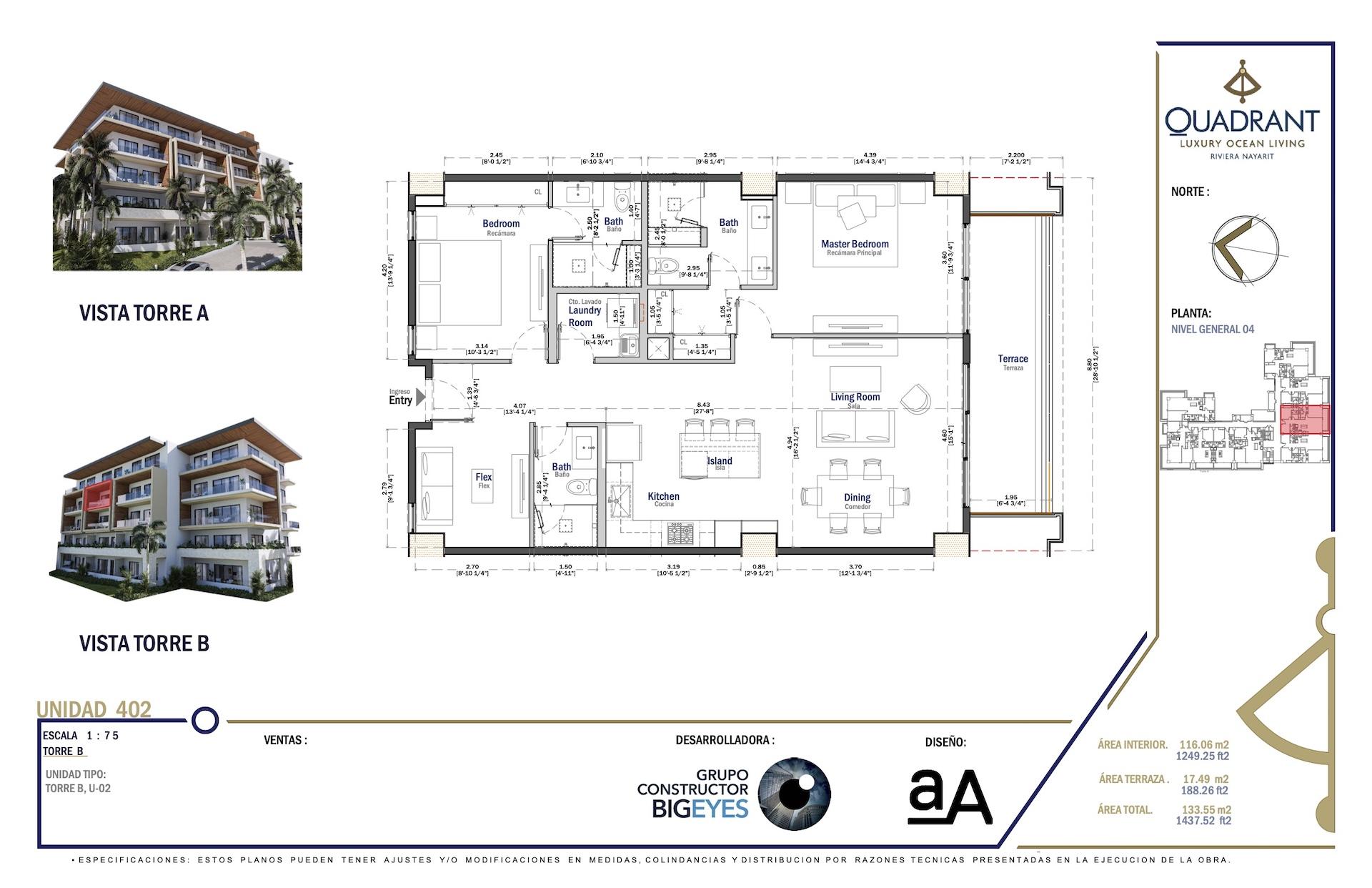 Distribución de la unidad 402-B de Quadrant Bucerías